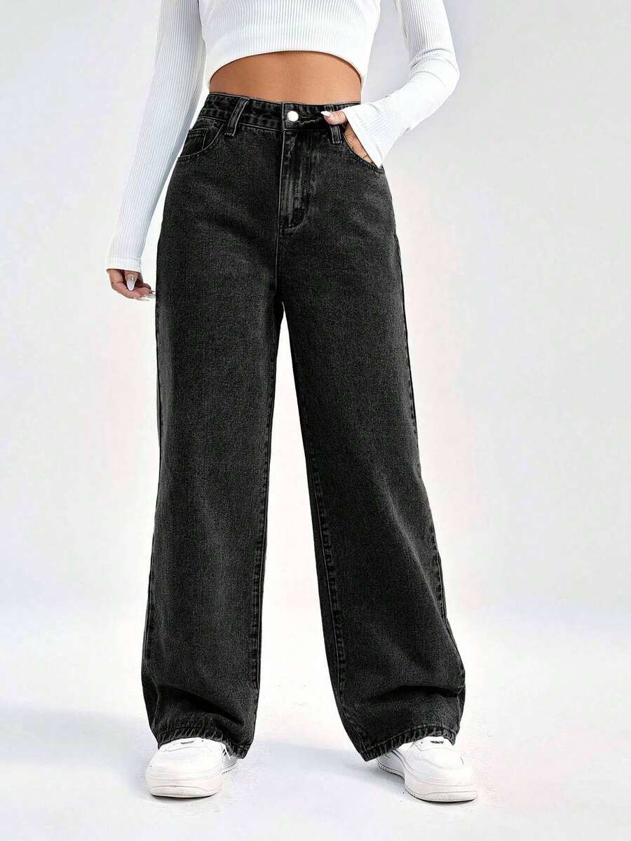 SHEIN Cottnline 100%Cotton Loose Wide Leg Denim Pants With Slant Pockets - Black - View 1