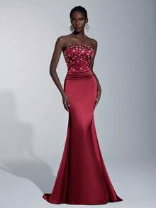 Elitara Elegante vestido largo de sirena con cintura fruncida, con adornos de strass hechos a mano y sin tirantes, adecuado para citas, vacaciones, bodas y eventos formales - Burdeos - Ver 6