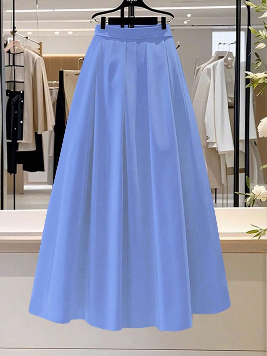 SHEIN LUNE 女士纯色优雅 A 字形百褶裙,适合通勤 - 藍色 - 查看 1