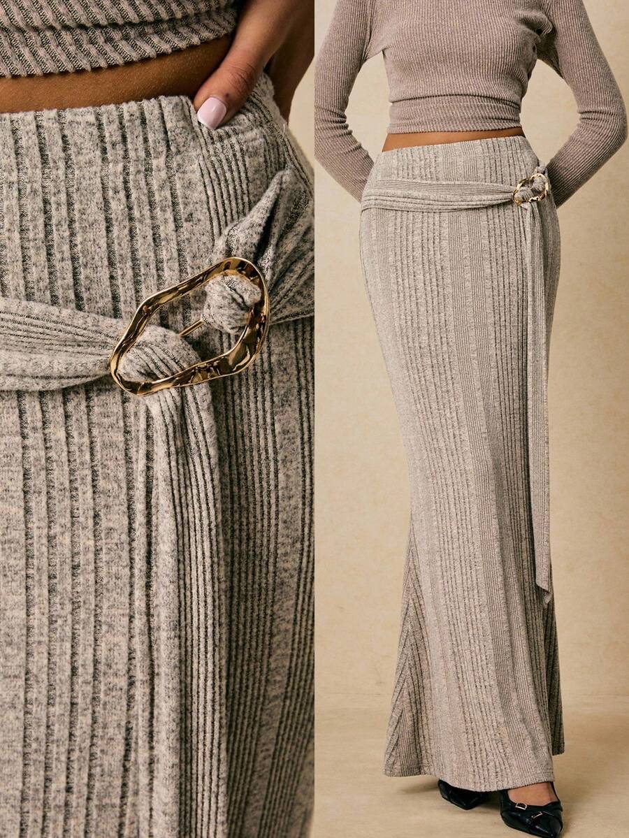 Poéselle Women's Solid Color Elastic Waist Ribbed Skirt - Apricot - View 1