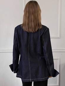 DAZY 西部牛仔缝线装饰收腰合身宽肩翻领长袖休闲街头风格牛仔夹克和外套，适合秋冬女士 - 灰色 - 查看 2