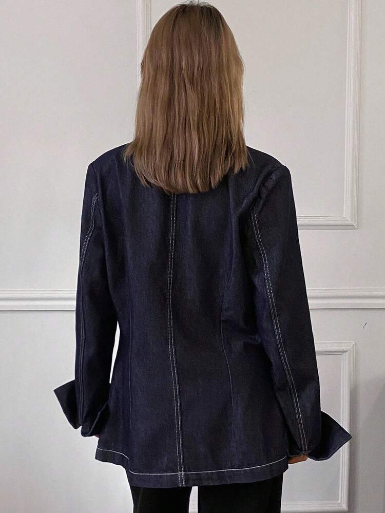 Western Cowboy Stitching Decor Cinched Waist Fitted Wide Shoulder Lapel Collar Long Sleeve Casual Street Style Denim Jacket For Women, Autumn/Winter