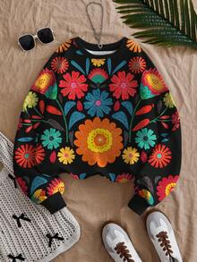 EMERY ROSE Plus Size Casual Retro Floral Pattern Sweatshirt, Suitable For Fall/Winter - Multicolor - View 1
