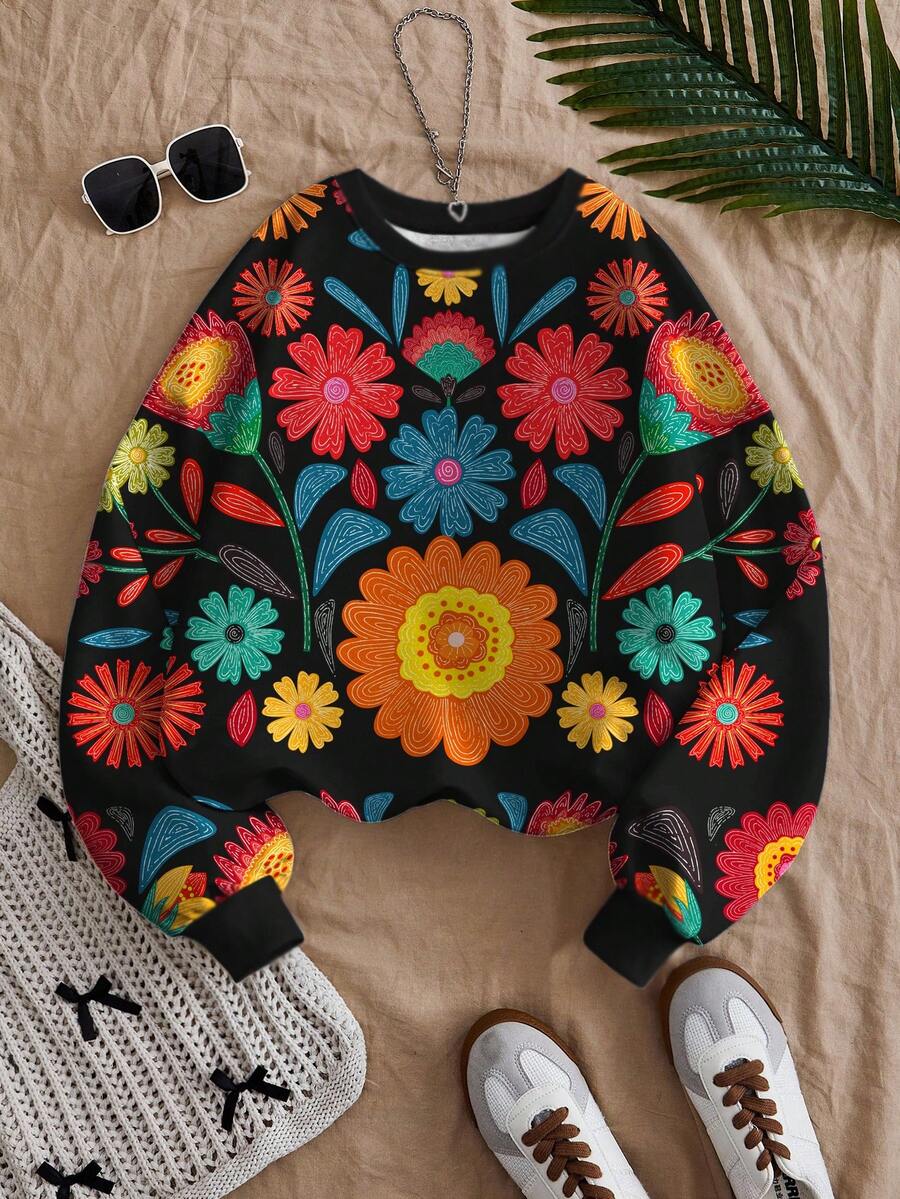 EMERY ROSE Plus Size Casual Retro Floral Pattern Sweatshirt, Suitable For Fall/Winter - Multicolor - View 1
