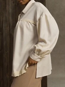 Linhara Damen Große Größen Gewebtes Patchwork Spitzenbesatz Regular Lässig Langarm Beige Bluse, Frühling/Herbst - Beige - Übersicht 6