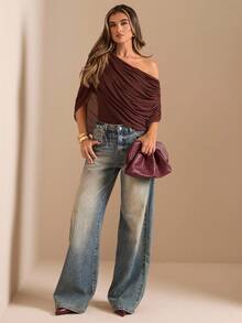 SHEIN BAE Autumn/Winter Solid Brown/Coffee Off Shoulder Ruched Fitted Elegant Bodysuit, Tight-Fitting Graceful Slim Bodysuit, Draped Top - Brown - View 7