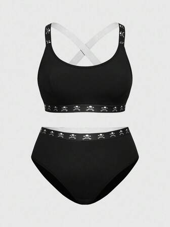 Goth Dunkel gotischer gerippter Kreuz-Kreuz Drahtloser gepolsterter BH-Set, Große Größen, Leichtgewichtig