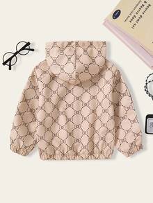 1 件女童连帽夹克，时尚休闲条纹字母印花全印花夹克 - 黃色 - 查看 2