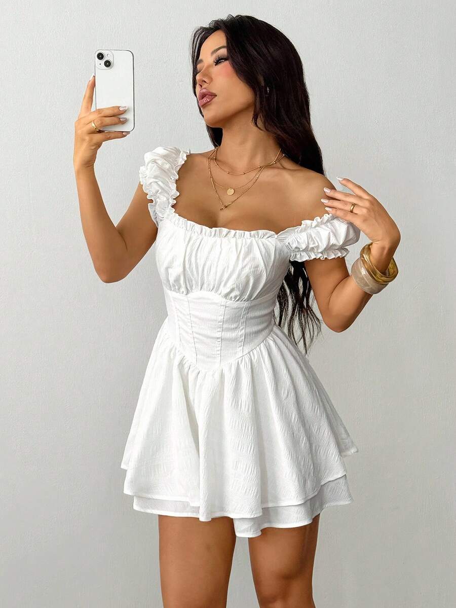 SHEIN PETITE Women'S Solid Color Double Layer Ruffle Hem Dress,Lavender Dress