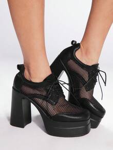 Sugerpunk Women's Black Mesh High Heel Pumps, Suitable For Daily, Goth, Punk, And Campus Wear - Black - View 2