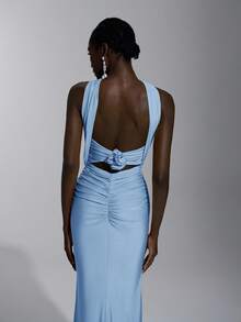 SHEIN Belle 优雅、浪漫、性感、简约、浅黄色针织弹力露肩露背紧身连衣裙，时尚、网红风格，适合节日、派对、婚礼、伴娘 - 藍色 - 查看 8