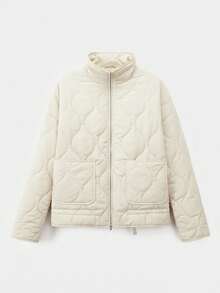 SHEIN EZwear Abrigo acolchado de manga larga con cuello alto, bolsillos y estampado de diamantes en color marfil para mujer, ropa de invierno