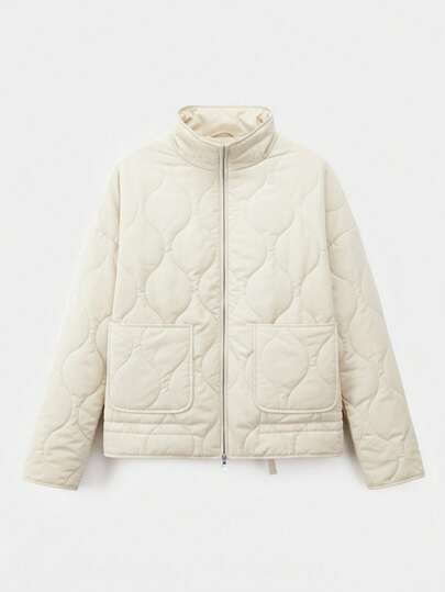 SHEIN EZwear Abrigo acolchado de manga larga con cuello alto, bolsillos y estampado de diamantes en color marfil para mujer, ropa de invierno