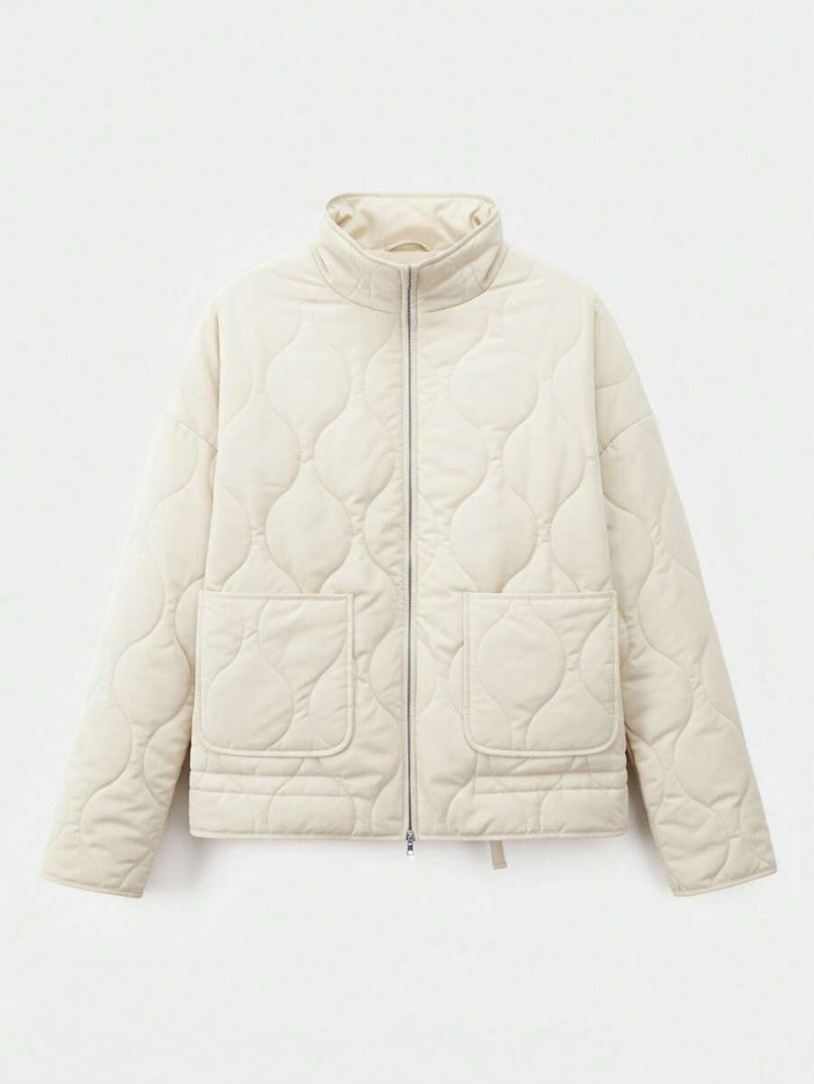 SHEIN EZwear Abrigo acolchado de manga larga con cuello alto, bolsillos y estampado de diamantes en color marfil para mujer, ropa de invierno