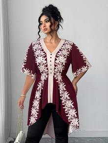 Elenzga Christmas Plus Size Women V-Neck Short Sleeve Placement Print Front Button Decor Black & Beige White Front Short Back Long Waist Cinched Top With High Waist Elastic Waist Pants, Elegant Office Wear 2-Piece Set, Spring/Summer - Burgundy - View 4