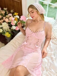 SHEIN 2pcs Lace Sexy Lingerie Set (With Underwire, G-String) For Women - Pink - View 1