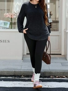 SHEIN LUNE Sudadera casual lavada de talla grande, otoño e invierno para mujer, apta para uso diario, ir a trabajar y uso casual, esencial para uso diario, trayecto y actividades al aire libre, top sencillo de mujer, unicolor - Negro - Ver 6