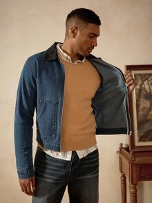 Manfinity Homme 街头休闲洗水黑色修身短款撞色领牛仔夹克，春秋 - 藍色 - 查看 8