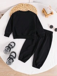 SHEIN 2 件套男婴/女婴秋冬长袖运动衫和慢跑裤套装，舒适百搭休闲日常时尚运动简约百搭，适合室内、户外、日常、运动、玩耍、派对、拍照、度假、所有季节 - 黑色 - 查看 2