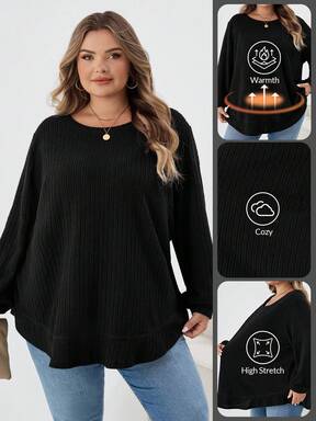 SHEIN CURVE+ قميص تي شيرت بأكمام طويلة مضلع، كاجوال أساسي، خريف/شتاء