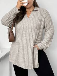 SHEIN CURVE+ Camiseta larga de cuello alto acanalado y manga larga con textura suave para mujer, para otoño/invierno - Gris - Ver 8