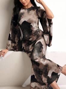 Veilorie 女式优雅褶饰喇叭袖连衣裙，秋季 - 綠色 - 查看 7