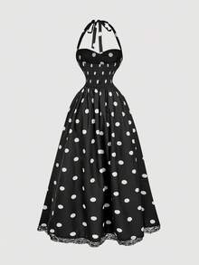 SHEIN MOD Vestido de longitud media con cuello halter, lunares y adorno de encaje vintage - Negro - Ver 2
