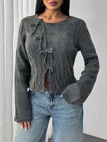 EURMUSE Áo len đan nữ có chi tiết nơ - Màu xám đen - Xem 5