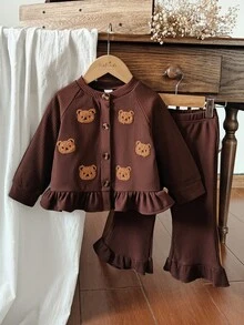 SHEIN Vintaside Kids 2pcs Baby Girls Casual Cute Bear Embroidered
