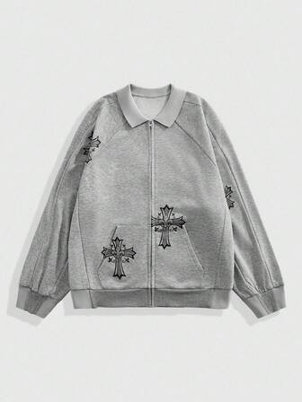 Street Life Sudadera con cremallera de manga larga con estampado de cruz minimalista para hombre, para el otoño