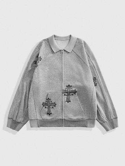 Street Life Sudadera con cremallera de manga larga con estampado de cruz minimalista para hombre, para el otoño