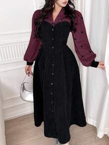 Feyla 女士秋季花卉拼布翻领单排扣连衣裙长款晚礼服 - 酒紅色 - 查看 5