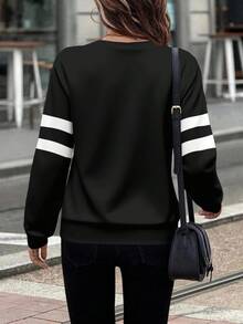 SHEIN LUNE 秋冬女士休闲简约黑白条纹前拉链圆领卫衣 - 彩色 - 查看 2
