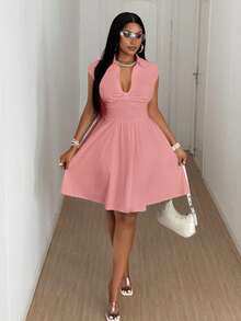 Maweii Plus Size V-Neck Ruched Waist Short Sleeve Dress - Dusty Pink - View 3