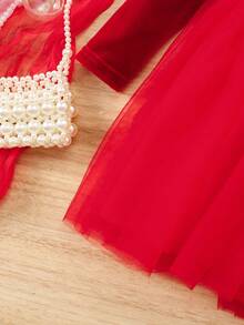 SHEIN Babygirl 优雅天鹅绒和网眼拼布长袖连衣裙 - 紅色 - 查看 9