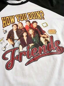 FRIENDS X SHEIN 加大码复古美式百搭百搭白色和黑色图案宽松长袖 T 恤，保暖运动街头服饰 - 黑與白 - 查看 3