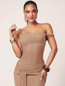 Silquee Váy ôm vai lệch màu gợi cảm cho nữ - Màu Khaki - Xem 5