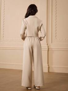 优雅简约时尚优雅西装外套，领口，长袖，短款剪裁，卡其色，搭配高腰宽松直筒裤，适合少女，返校装，四季皆宜，圣诞节