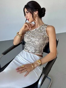 Firerie Women's Elegant Sequin Embroidered Jacquard One Shoulder Top,Gray Summer Party Gold Asymmetrical Birthday Top For Wedding Guest,Graduation,Prom,Work - Black - View 7
