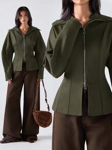 LYSMO 女士纯色简约休闲长袖拉链夹克秋冬女装 - 軍綠色 - 查看 1