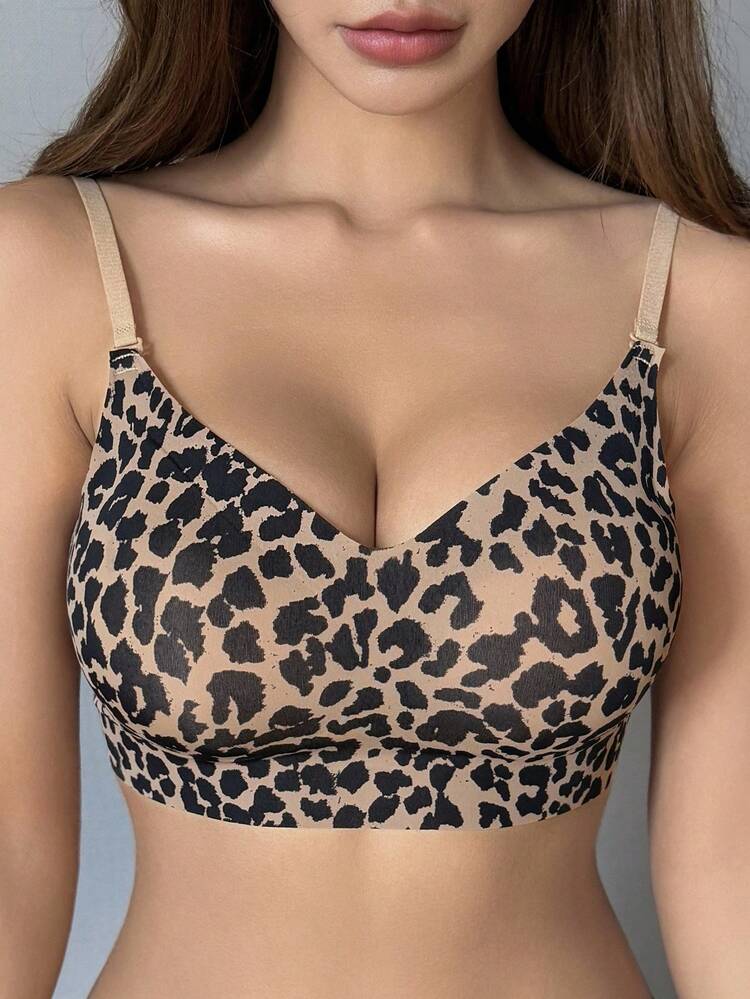Leopard Print Adjustable Spaghetti Strap Lightly Padded Bra For Women Lingerie For Women