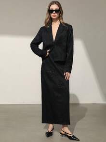 Aveloria Modichic 春秋新款法式优雅奢华通勤重工刺绣亮片翻领中长休闲连衣裙套装，高腰修身亮片刺绣女两件套 - 黑色 - 查看 3