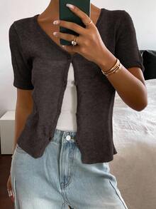 Livesso 女式V领短袖纯色开衫，夏季 - 咖啡棕 - 查看 1