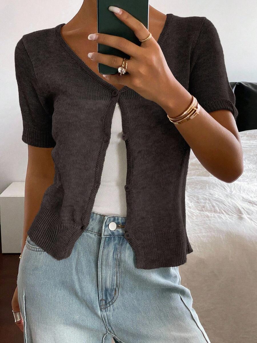 Livesso 女式V领短袖纯色开衫，夏季 - 咖啡棕 - 查看 1