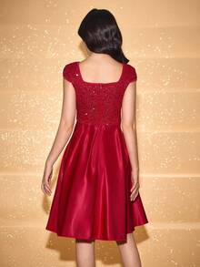 少女无袖亮片拼接束腰优雅万圣节圣诞连衣裙 - 紅色 - 查看 2