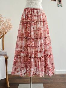 Soleia Women's Allover Print Ruffle Hem Casual Vacation Skirt Bohemian Skirt Long Summer Skirt Long Floral Skirt Tiered Maxi Skirt