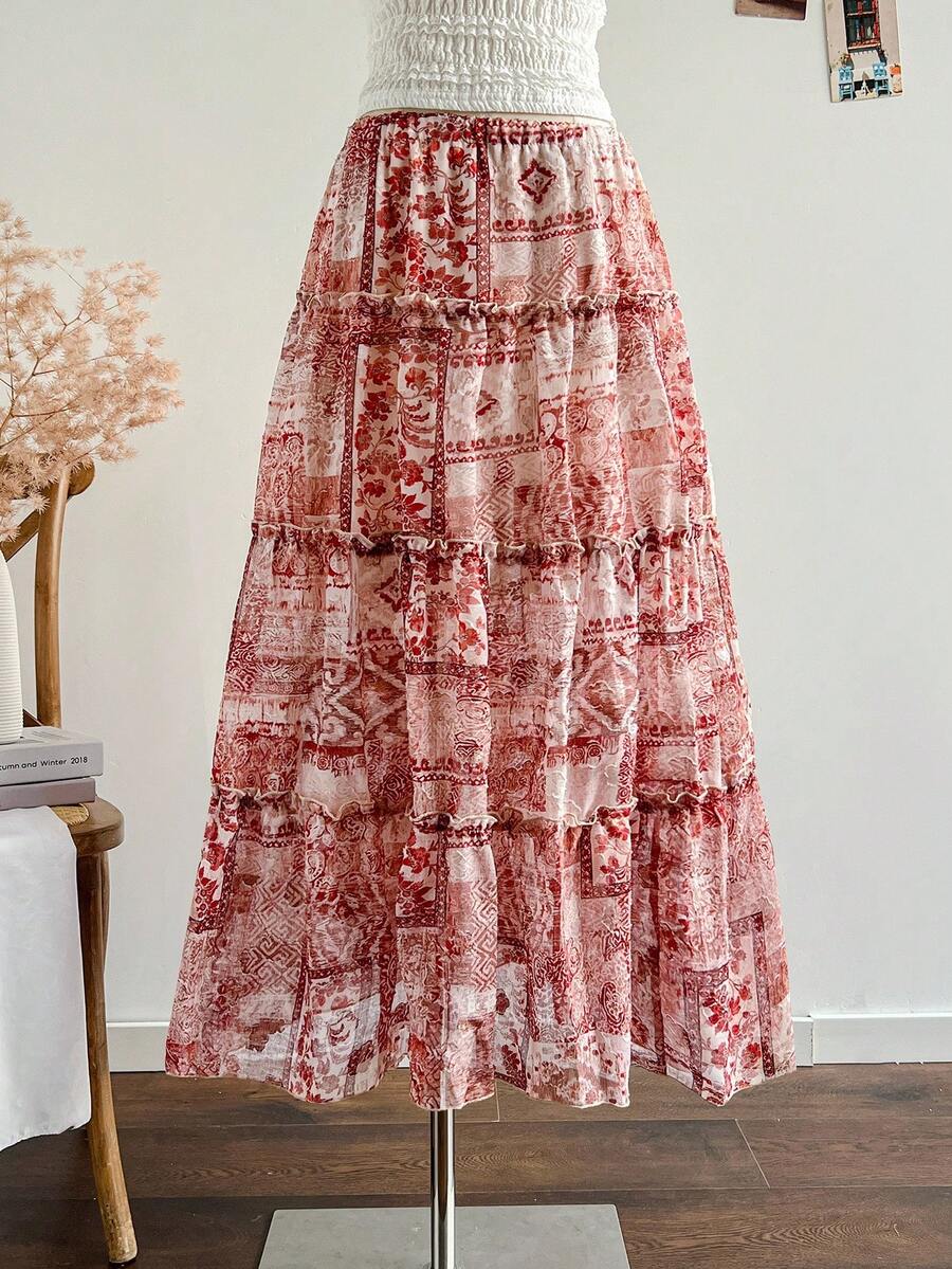 Soleia Women's Allover Print Ruffle Hem Casual Vacation Skirt Bohemian Skirt Long Summer Skirt Long Floral Skirt Tiered Maxi Skirt