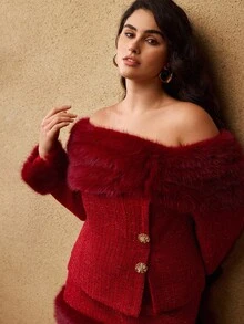 MOTF PREMIUM 粗花呢撞色毛茸茸露肩大衣 - 紅色 - 查看 2