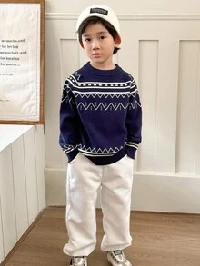 Genkimix Kids 2 件套年轻男孩休闲套装，宽松针织毛衣 + 宽松裤，秋冬 - 藏蓝色 - 查看 5