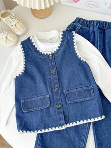 Genkimix Kids 3件套女童韩版简约高领白T恤、牛仔背心和宽松牛仔裤套装，秋季两件套牛仔套装，牛仔搭配套装，小女孩牛仔套装，儿童牛仔套装，秋冬童装 - 藍色 - 查看 4